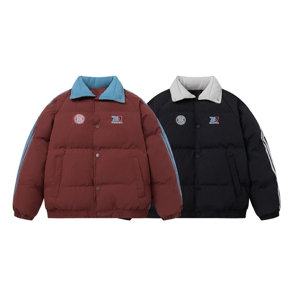Color-blocked Lapel Cotton Coat Couple Loose Warm Winter Jacket