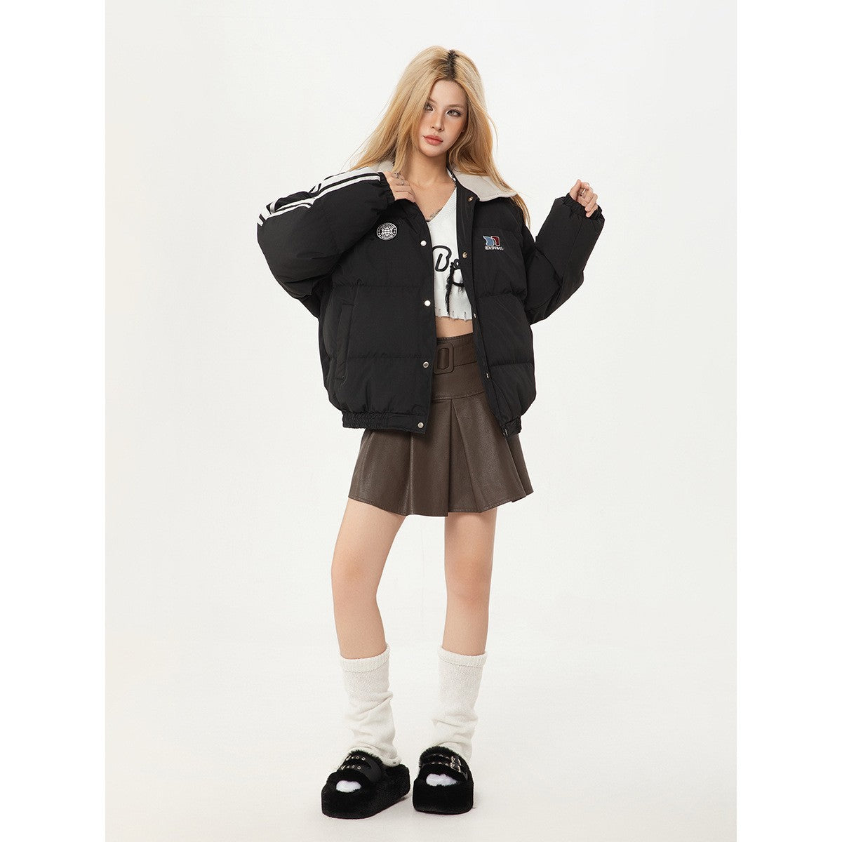 Color-blocked Lapel Cotton Coat Couple Loose Warm Winter Jacket