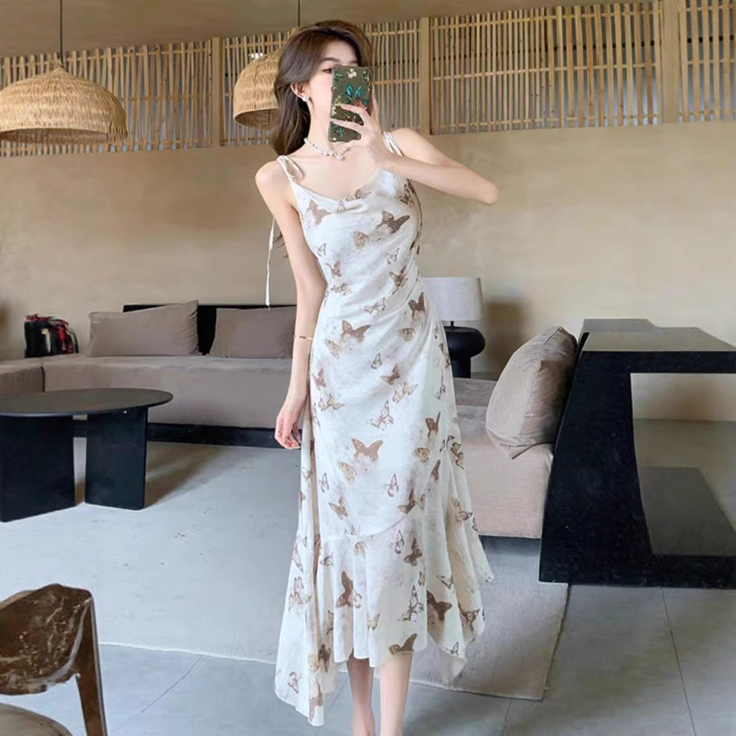 Butterfly Print Elegant Strap Dress for Women, Summer New French Style Off-Shoulder Fitted Slimming Vacation Medium-Length Dress