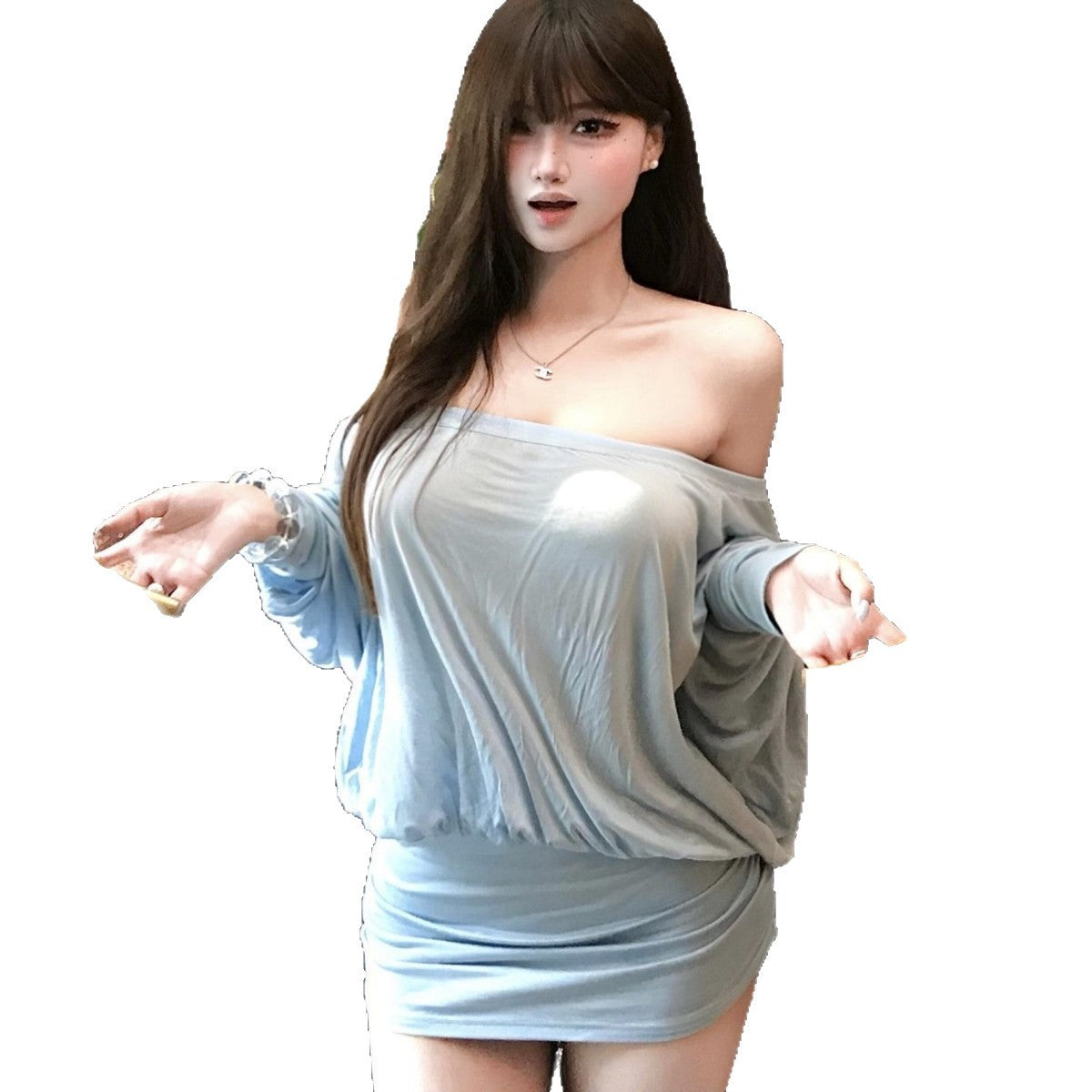 Blue One-Shoulder Long Sleeve Dress for WomenSlim-Fitting Waist-Cinching Skirt, Batwing Sleeve, Pure Seductive Style Bodycon Mini Dress