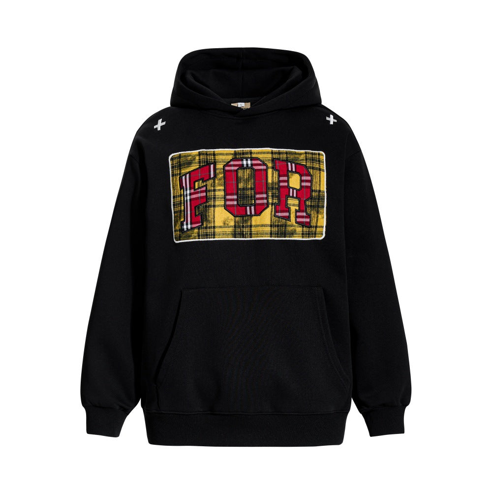 Colorful checkered patchwork embroidered letter hooded sweatshirt