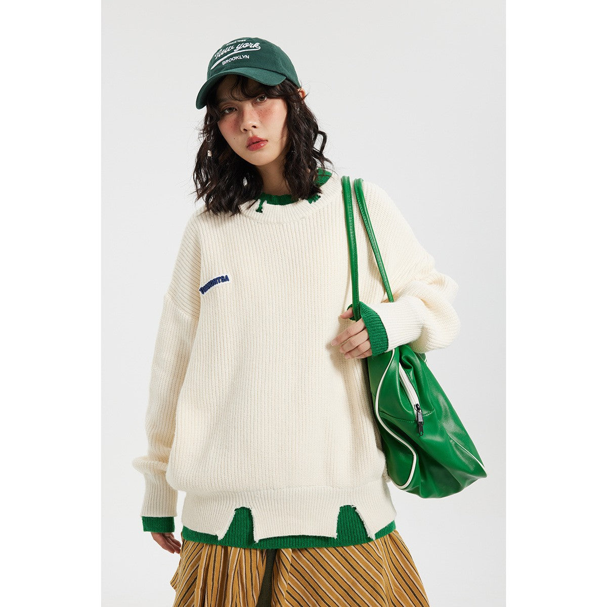 Color-blocked Faux Two-piece Vintage Sweater Couple Winter Round Neck Knitwear