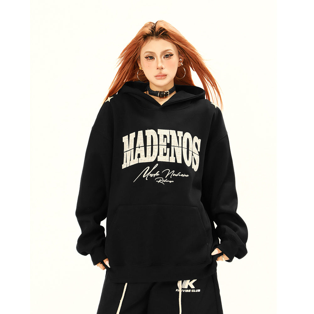 Alphabet patch embroidered hooded sweatshirt