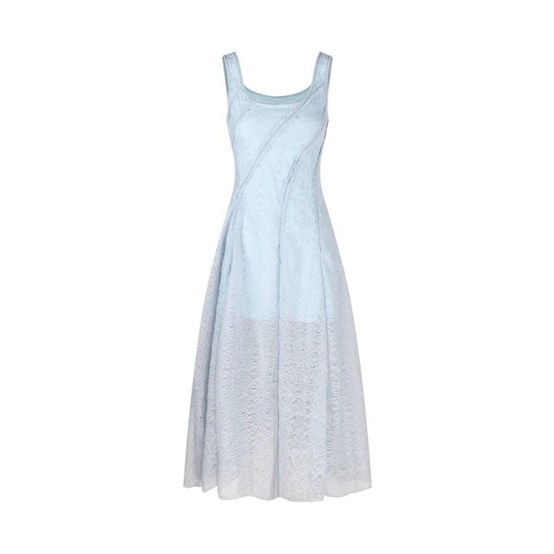 Blue Fitted Strap Long Dress with Square Neck and Textured Fabric, Elegant Waist-Cinching Summer Dress