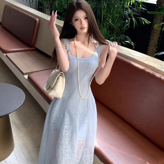 Blue Fitted Strap Long Dress with Square Neck and Textured Fabric, Elegant Waist-Cinching Summer Dress