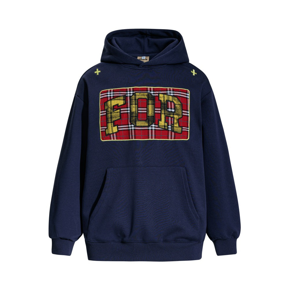 Colorful checkered patchwork embroidered letter hooded sweatshirt
