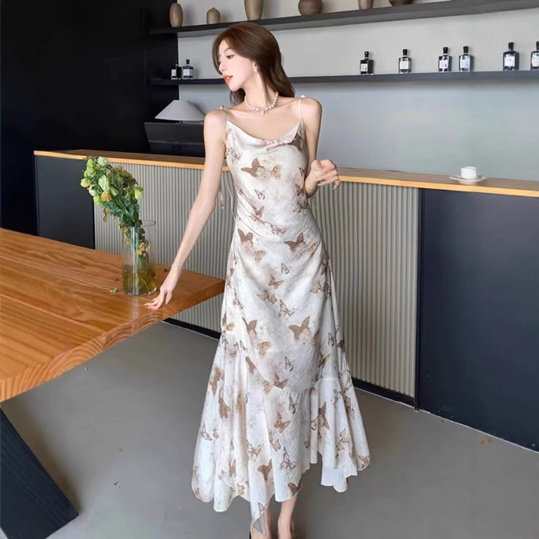 Butterfly Print Elegant Strap Dress for Women, Summer New French Style Off-Shoulder Fitted Slimming Vacation Medium-Length Dress