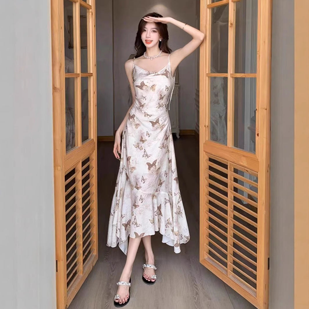 Butterfly Print Elegant Strap Dress for Women, Summer New French Style Off-Shoulder Fitted Slimming Vacation Medium-Length Dress