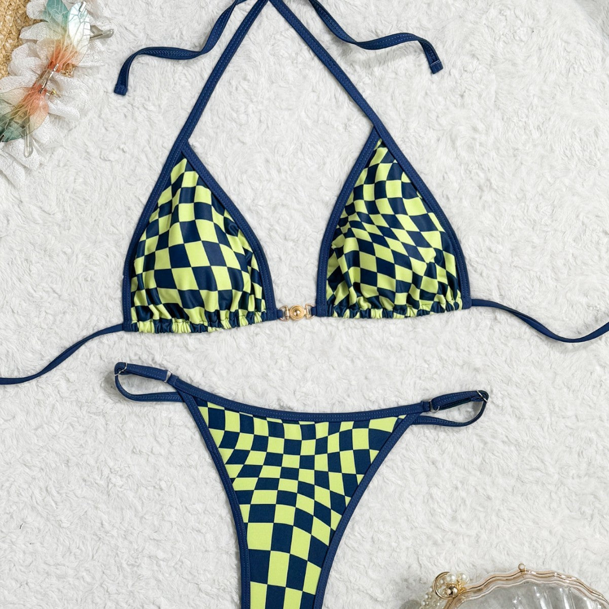 Checkered bikini sexy swimsuit women's triangle strap with chest cushion