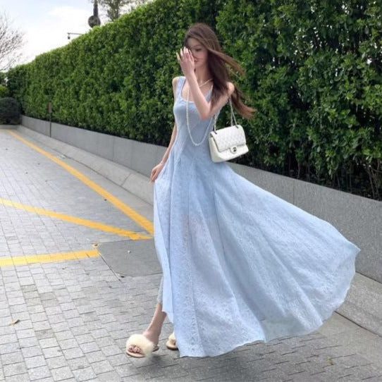 Blue Fitted Strap Long Dress with Square Neck and Textured Fabric, Elegant Waist-Cinching Summer Dress