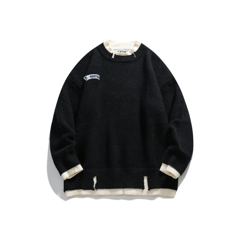 Color-blocked Faux Two-piece Vintage Sweater Couple Winter Round Neck Knitwear