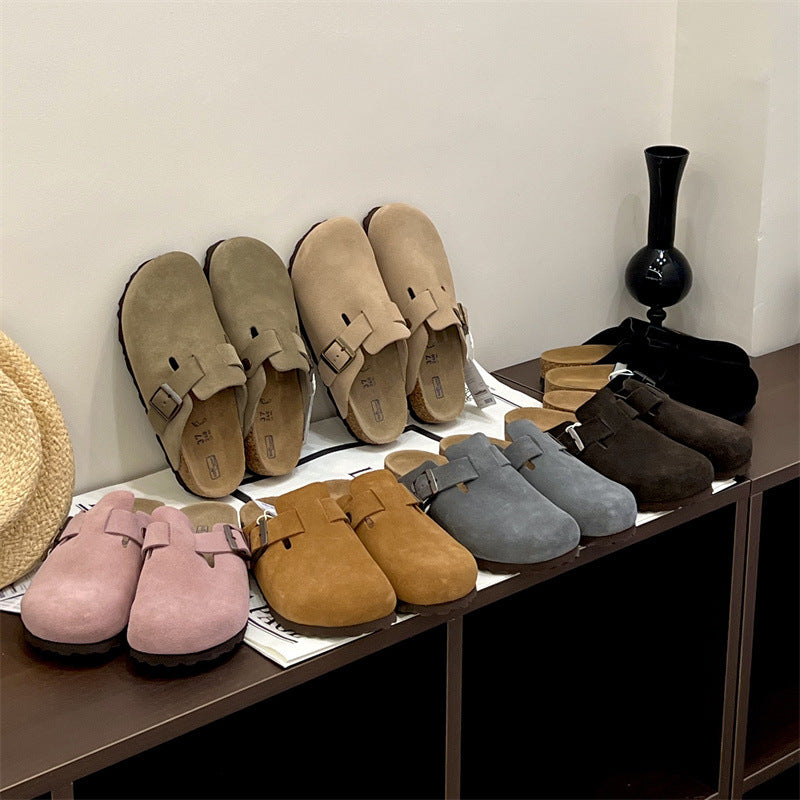 Boken shoes genuine leather with cork and increased height thick soled slippers