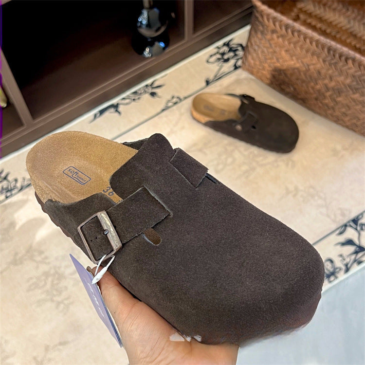 Boken shoes genuine leather with cork and increased height thick soled slippers